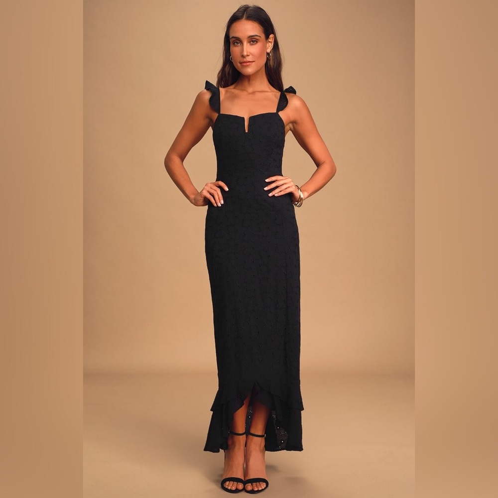 Lulus’s Black Ruffle Embroidered Maxi Dress, M